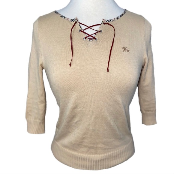 BURBERRY Blue Label Nova Check Trim Lace Up Knitted Sweater Sz Asian M (US XS/S) - Picture 2 of 12